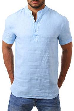 Young & Rich Herren Leinen T-Shirt mit Knopfleiste Henley Shirt Tunika Kurzarm Hemd Regular fit 100% Leinen T3143, Grösse:S, Farbe:Hellblau von Young&Rich