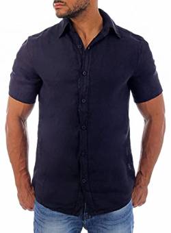 Young & Rich Herren Leinenhemd Kurzarm körperbetonte Passform sommerlich Leichter 100% Leinenstoff Slim Fit T3158, Grösse:XL, Farbe:Dunkelblau von Young&Rich