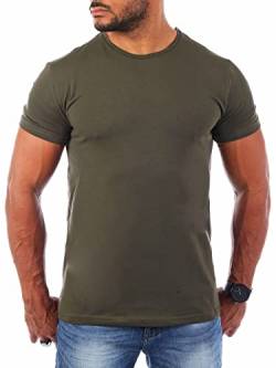 Young & Rich Herren Uni Basic T-Shirt mit Rundhals Ausschnitt einfarbig Stretch körperbetonte Dehnbare Passform 1701, Grösse:S, Farbe:Militär-Grün von Young & Rich