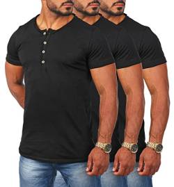 Young & Rich Herren Uni Henley T-Shirt mit Knopfleiste einfarbig körperbetontes Basic Tee Vintage Look 1703, Grösse:L, Farbe:Schwarz (3er Pack) von Young&Rich