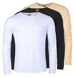 Young & Rich Herren Uni Longsleeve Basic Langarm T-Shirt Rundhals-Ausschnitt Slimfit mit Stretchanteilen (3er Pack), Grösse:M, Farbe:Weiß/Schwarz/Beige (3er Pack) von Young&Rich