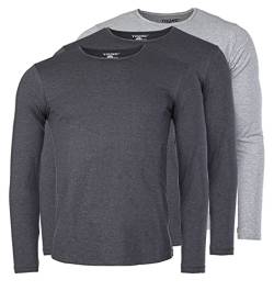 Young & Rich Herren Uni Longsleeve Basic Langarm T-Shirt Rundhals-Ausschnitt Slimfit mit Stretchanteilen (3er Pack), Grösse:XXL, Farbe:2X Dunkelgrau Melange / 1x Grau Melange (3er Pack) von Young&Rich