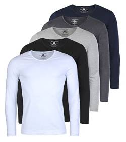 Young & Rich Herren Uni Longsleeve Basic Langarm T-Shirt V-Ausschnitt Slimfit mit Stretchanteilen (5er Pack), Grösse:M, Farbe:Weiß/Schwarz/Grau/Dunkelgrau/Dunkelblau (5er Pack) von Young & Rich