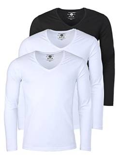 Young & Rich Herren Uni Longsleeve Basic Langarm T-Shirt mit tiefem V-Ausschnitt Slimfit mit Stretchanteilen (3er Pack), Grösse:3XL, Farbe:2X Weiß / 1x Schwarz (3er Pack) von Young & Rich