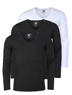 Young & Rich Herren Uni Longsleeve Basic Langarm T-Shirt mit tiefem V-Ausschnitt Slimfit mit Stretchanteilen (3er Pack), Grösse:L, Farbe:2X Schwarz / 1x Weiß (3er Pack) von Young & Rich