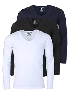 Young & Rich Herren Uni Longsleeve Basic Langarm T-Shirt mit tiefem V-Ausschnitt Slimfit mit Stretchanteilen (3er Pack), Grösse:L, Farbe:Weiß/Schwarz/Dunkelblau (3er Pack) von Young & Rich