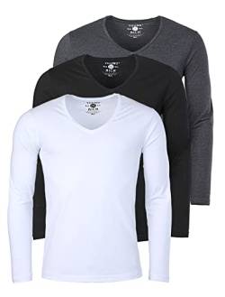 Young & Rich Herren Uni Longsleeve Basic Langarm T-Shirt mit tiefem V-Ausschnitt Slimfit mit Stretchanteilen (3er Pack), Grösse:L, Farbe:Weiß/Schwarz/Dunkelgrau Melange (3er Pack) von Young & Rich