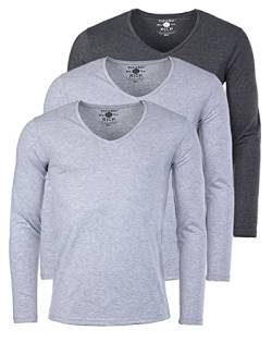 Young & Rich Herren Uni Longsleeve Basic Langarm T-Shirt mit tiefem V-Ausschnitt Slimfit mit Stretchanteilen (3er Pack), Grösse:M, Farbe:2X Grau Melange / 1x Dunkelgrau Melange (3er Pack) von Young & Rich