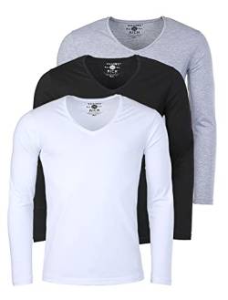 Young & Rich Herren Uni Longsleeve Basic Langarm T-Shirt mit tiefem V-Ausschnitt Slimfit mit Stretchanteilen (3er Pack), Grösse:XXL, Farbe:Weiß/Schwarz/Grau Melange (3er Pack) von Young & Rich