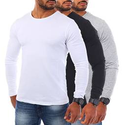 Young & Rich Herren Uni Longsleeve Basic Tee Langarm Shirt einfarbig Rundhals Ausschnitt Slimfit mit Stretchanteilen 2002, Grösse:M, Farbe:Weiß/Schwarz/Grau Melange (3er Pack) von Young & Rich