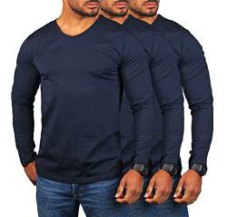 Young & Rich Herren Uni Longsleeve v-Neck Basic Tee Langarm Shirt einfarbig V-Ausschnitt Slimfit mit Stretchanteilen 2001, Grösse:3XL, Farbe:Dunkelblau - 3 Stück von Young&Rich