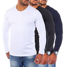 Young & Rich Herren Uni Longsleeve v-Neck Basic Tee Langarm Shirt einfarbig V-Ausschnitt Slimfit mit Stretchanteilen 2001, Grösse:3XL, Farbe:Weiß/Schwarz/Dunkelblau (3er Pack) von Young&Rich