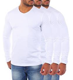 Young & Rich Herren Uni Longsleeve v-Neck Basic Tee Langarm Shirt einfarbig V-Ausschnitt Slimfit mit Stretchanteilen 2001, Grösse:3XL, Farbe:Weiß - 3 Stück von Young&Rich