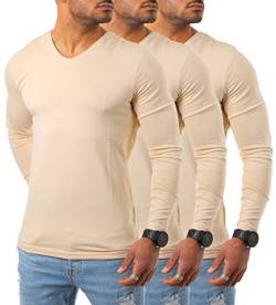 Young & Rich Herren Uni Longsleeve v-Neck Basic Tee Langarm Shirt einfarbig V-Ausschnitt Slimfit mit Stretchanteilen 2001, Grösse:L, Farbe:Beige - 3 Stück von Young&Rich