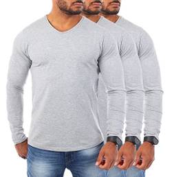 Young&Rich Herren Uni Longsleeve v-Neck Basic Tee Langarm Shirt einfarbig V-Ausschnitt Slimfit mit Stretchanteilen 2001, Grösse:L, Farbe:Grau - 3 Stück von Young&Rich