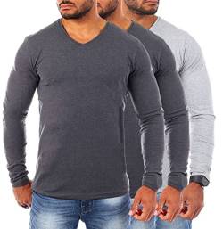 Young & Rich Herren Uni Longsleeve v-Neck Basic Tee Langarm Shirt einfarbig V-Ausschnitt Slimfit mit Stretchanteilen 2001, Grösse:M, Farbe:2X Dunkelgrau Melange / 1x Grau Melange (3er Pack) von Young&Rich