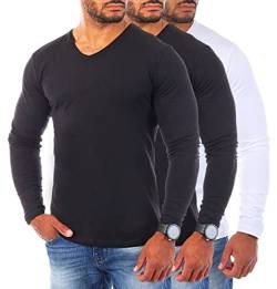 Young & Rich Herren Uni Longsleeve v-Neck Basic Tee Langarm Shirt einfarbig V-Ausschnitt Slimfit mit Stretchanteilen 2001, Grösse:M, Farbe:2X Schwarz / 1x Weiß (3er Pack) von Young&Rich