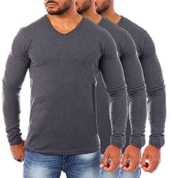 Young & Rich Herren Uni Longsleeve v-Neck Basic Tee Langarm Shirt einfarbig V-Ausschnitt Slimfit mit Stretchanteilen 2001, Grösse:M, Farbe:Dunkelgrau - 3 Stück von Young&Rich