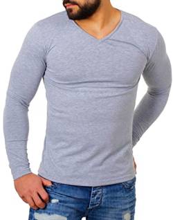 Young & Rich Herren Uni Longsleeve v-Neck Basic Tee Langarm Shirt einfarbig V-Ausschnitt Slimfit mit Stretchanteilen 2001, Grösse:M, Farbe:Grau von Young&Rich