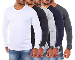 Young & Rich Herren Uni Longsleeve v-Neck Basic Tee Langarm Shirt einfarbig V-Ausschnitt Slimfit mit Stretchanteilen 2001, Grösse:M, Farbe:Weiß/Schwarz/Grau/Dunkelgrau/Dunkelblau (5er Pack) von Young&Rich