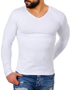 Young & Rich Herren Uni Longsleeve v-Neck Basic Tee Langarm Shirt einfarbig V-Ausschnitt Slimfit mit Stretchanteilen 2001, Grösse:XL, Farbe:Weiß von Young&Rich