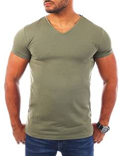 Young & Rich Herren Uni T-Shirt mit V-Ausschnitt Basic V-Neck Tee mit Stretchanteilen einfarbig Slim fit 1700, Grösse:3XL, Farbe:Militär-Grün von Young&Rich