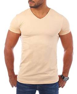 Young & Rich Herren Uni T-Shirt mit V-Ausschnitt Basic V-Neck Tee mit Stretchanteilen einfarbig Slim fit 1700, Grösse:L, Farbe:Beige von Young&Rich