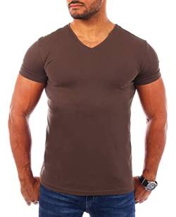 Young & Rich Herren Uni T-Shirt mit V-Ausschnitt Basic V-Neck Tee mit Stretchanteilen einfarbig Slim fit 1700, Grösse:L, Farbe:Braun von Young&Rich