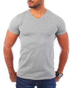 Young & Rich Herren Uni T-Shirt mit V-Ausschnitt Basic V-Neck Tee mit Stretchanteilen einfarbig Slim fit 1700, Grösse:M, Farbe:Grau - Melange von Young&Rich