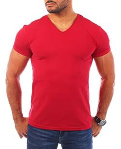 Young & Rich Herren Uni T-Shirt mit V-Ausschnitt Basic V-Neck Tee mit Stretchanteilen einfarbig Slim fit 1700, Grösse:XXL, Farbe:Rot von Young&Rich