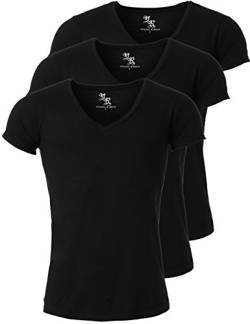 Young & Rich Herren Uni T-Shirt mit extra tiefem V-Ausschnitt Slimfit Stretch Dehnbare Passform einfarbiges Basic Shirt - 3er Pack, Grösse:M, Farbe:Schwarz von Young&Rich