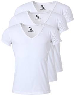 Young & Rich Herren Uni T-Shirt mit extra tiefem V-Ausschnitt Slimfit Stretch Dehnbare Passform einfarbiges Basic Shirt - 3er Pack, Grösse:M, Farbe:Weiß von Young&Rich