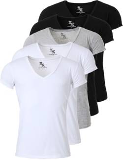 Young & Rich Herren Uni T-Shirt mit extra tiefem V-Ausschnitt Slimfit Stretch Dehnbare Passform einfarbiges Basic Shirt - 5er Pack, Grösse:M, Farbe:2 x Weiß / 2 x Schwarz / 1 x Grau von Young&Rich