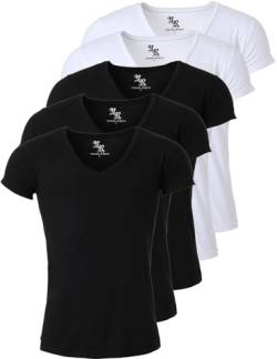 Young & Rich Herren Uni T-Shirt mit extra tiefem V-Ausschnitt Slimfit Stretch Dehnbare Passform einfarbiges Basic Shirt - 5er Pack, Grösse:S, Farbe:3 x Schwarz / 2 x Weiß von Young&Rich