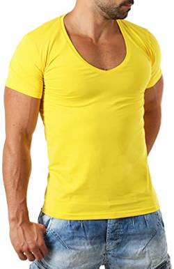 Young & Rich Herren Uni T-Shirt mit extra tiefem V-Ausschnitt Slimfit deep V-Neck Stretch dehnbar Basic Shirt 1315, Grösse:3XL, Farbe:Gelb von Young&Rich