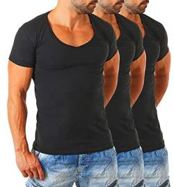 Young&Rich Herren Uni T-Shirt mit extra tiefem V-Ausschnitt Slimfit deep V-Neck Stretch dehnbar Basic Shirt 1315, Grösse:M, Farbe:Schwarz - 3 Stück von Young&Rich