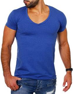 Young & Rich Herren Uni T-Shirt mit extra tiefem V-Ausschnitt Slimfit deep V-Neck Stretch dehnbar Basic Shirt 1315, Grösse:M, Farbe:blau-Melange von Young&Rich