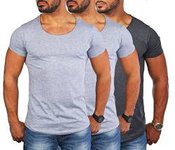 Young & Rich Herren Uni T-Shirt mit tiefem Rundhals Ausschnitt einfarbig körperbetontes Basic Tee Vintage Look 1702, Grösse:3XL, Farbe:2X Grau Melange / 1x Dunkelgrau Melange (3er Pack) von Young & Rich