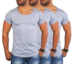 Young & Rich Herren Uni T-Shirt mit tiefem Rundhals Ausschnitt einfarbig körperbetontes Basic Tee Vintage Look 1702, Grösse:3XL, Farbe:Grau Melange (3er Pack) von Young & Rich