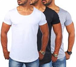 Young & Rich Herren Uni T-Shirt mit tiefem Rundhals Ausschnitt einfarbig körperbetontes Basic Tee Vintage Look 1702, Grösse:3XL, Farbe:Weiß/Schwarz/Grau Melange (3er Pack) von Young & Rich