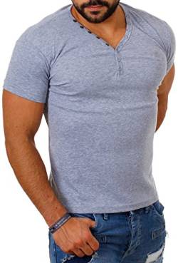 Young & Rich Herren Uni feinripp Basic T-Shirt mit Knopfleiste & tiefem V-Ausschnitt deep V-Neck Slim fit einfarbig 1873, Grösse:XL;Farbe:Grau von Young&Rich