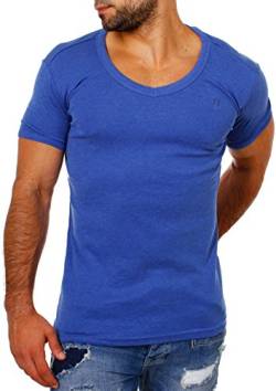 Young & Rich Herren Uni feinripp Basic T-Shirt tiefer runder V-Ausschnitt Slimfit deep Round V-Neck einfarbig 1874, Grösse:L;Farbe:Blau-Melange von Young&Rich