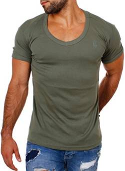 Young & Rich Herren Uni feinripp Basic T-Shirt tiefer runder V-Ausschnitt Slimfit deep Round V-Neck einfarbig 1874, Grösse:S;Farbe:Militär-Grün von Young&Rich