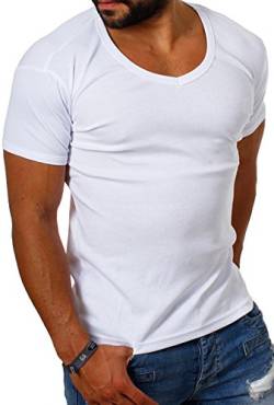 Young & Rich Herren Uni feinripp Basic T-Shirt tiefer runder V-Ausschnitt Slimfit deep Round V-Neck einfarbig 1874, Grösse:S;Farbe:Weiß von Young&Rich