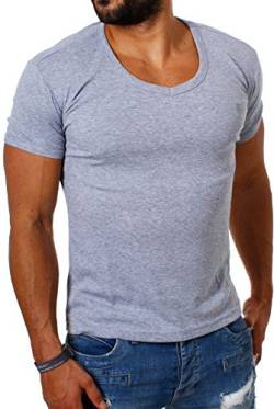 Young & Rich Herren Uni feinripp Basic T-Shirt tiefer runder V-Ausschnitt Slimfit deep Round V-Neck einfarbig 1874, Grösse:XL;Farbe:Grau von Young&Rich