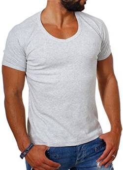Young & Rich Herren Uni feinripp Basic T-Shirt tiefer runder V-Ausschnitt Slimfit deep Round V-Neck einfarbig 1874, Grösse:XL;Farbe:Hellgrau von Young&Rich