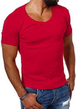 Young & Rich Herren Uni feinripp Basic T-Shirt tiefer runder V-Ausschnitt Slimfit deep Round V-Neck einfarbig 1874, Grösse:XL;Farbe:Rot von Young&Rich