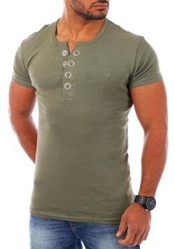 Young & Rich Herren Uni feinripp T-Shirt mit Knopfleiste & tiefem Ausschnitt deep V-Neck einfarbig Big Buttons große Knöpfe 1872, Grösse:3XL;Farbe:Militär-Grün von Young&Rich