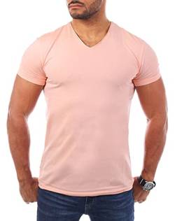 Young&Rich Herren V-Ausschnitt T-Shirt einfarbig körperbetont mit Stretchanteilen Uni Basic V-Neck Tee, Grösse:L, Farbe:Rosa von Young&Rich