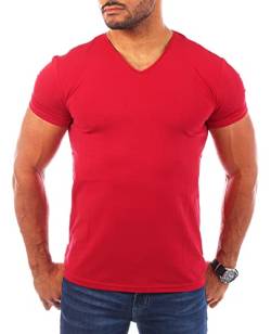 Young & Rich Herren V-Ausschnitt T-Shirt einfarbig körperbetont mit Stretchanteilen Uni Basic V-Neck Tee, Grösse:L, Farbe:Rot von Young&Rich